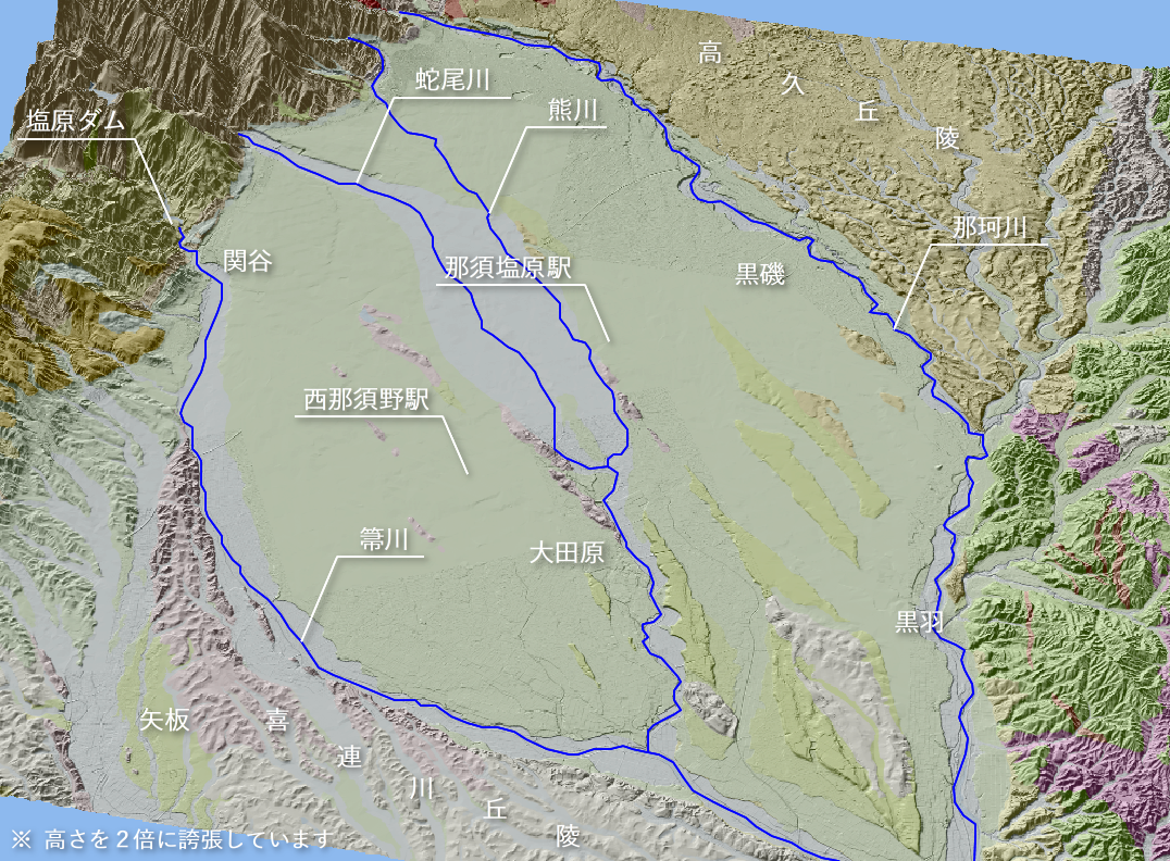 那須野原扇状地とその周辺の3D地質図。南東寄りの上空から見下ろす鳥瞰イメージ図。 (2/2)